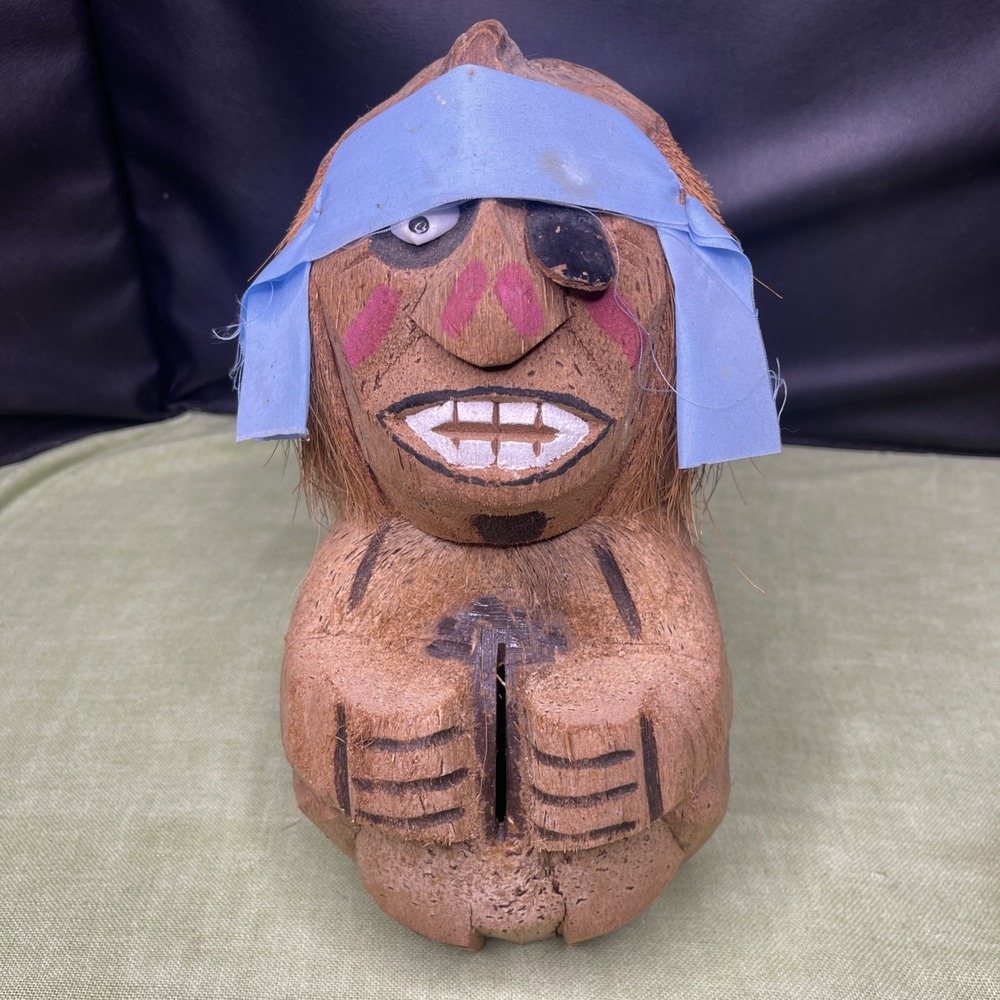 11" Carved Coconut Pirate Statue Eye Patch Bandana Tiki Bar Folk Art For Mancave